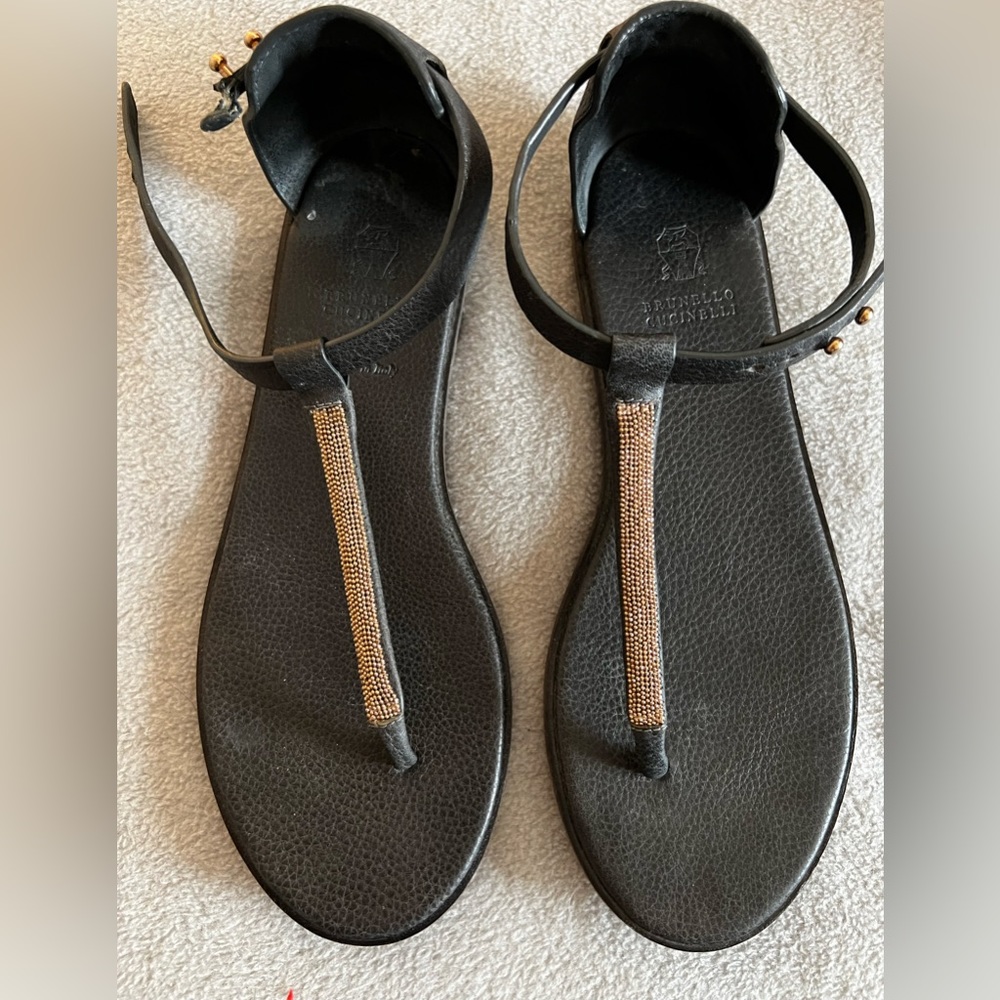 Brunello Cucinelli Black and Gold Sandals
